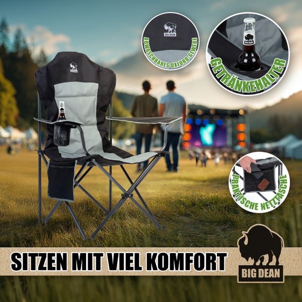 Campingstuhl mit Getränkehalter und Netztasche im Einsatz auf einer Wiese