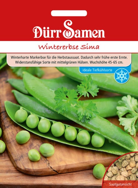 Saatgutpackung für Wintererbse Sima von Dürr Samen mit Abbildung von Erbsenschoten und getrockneten Erbsen sowie Dürr Samen Logo.