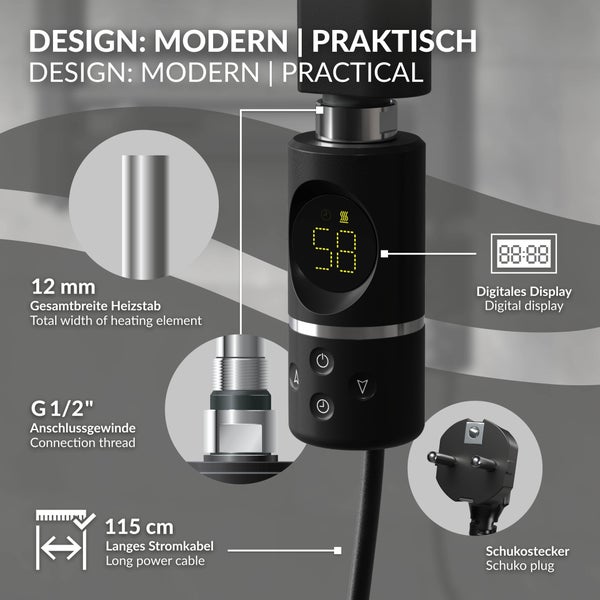 LuxeBath Heizstab 1200W Schwarz mit Thermostat und Digitalanzeige, Elektronischer Temperaturregler und Timer-Funktion, Heizpatrone Heizelemente für Badheizkörper Heizungen, Elektroheizstab mit Stecker