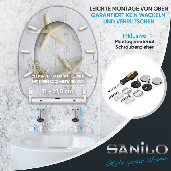 Sanilo WC-Sitz mit Seestern-Motiv, Montage von oben, inklusive Montagematerial und Schraubendreher, für Lochabstand 11 bis 21,5 Zentimeter.