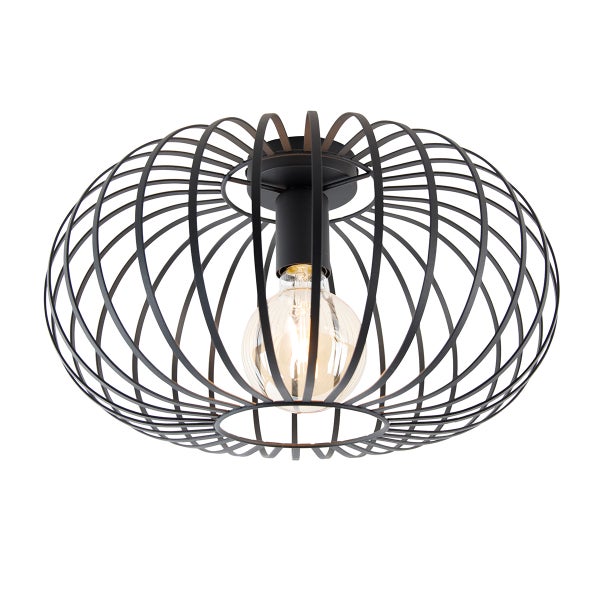 Deckenleuchte mit schwarzem Metallkäfig und Glühbirne