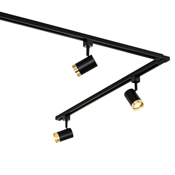 Schienensystem mit drei drehbaren LED Strahlern in zylindrischer Form zur Deckenbeleuchtung