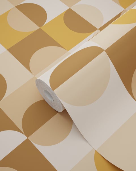 Vliestapete mit geometrischem Retro-Muster aus Kreisen und Quadraten in Braun, Ocker und Beige, Tapetenrolle.