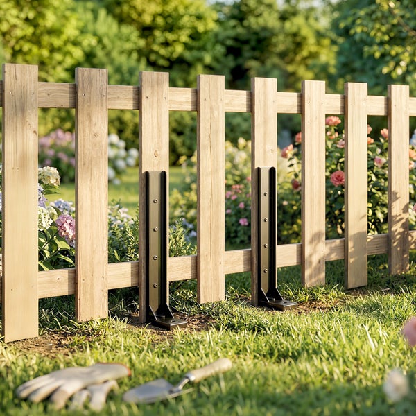 Holzzaun im Garten mit Metall-Zaunhaltern stabilisiert, umgeben von Blumen und Rasen.