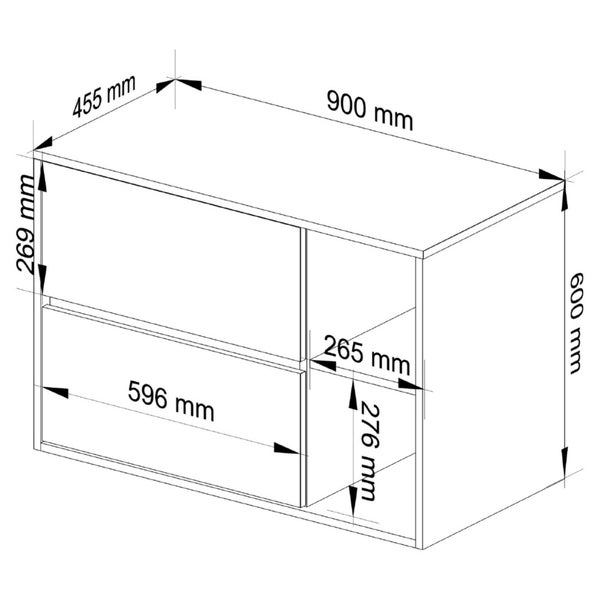 Technische Zeichnung eines Waschtischunterschranks mit den Maßen 900 mm Breite, 600 mm Höhe und 455 mm Tiefe