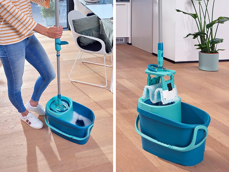 Leifheit Set CLEAN TWIST M Flachwischer Ergo 2.0, Bodenwischer mit 1x Mikrofaser Bezug für alle glatten Böden & 1x elektrostatischem Staubtuch, Wischmopp mit Click-System, Mop mit Schleudertechnologie