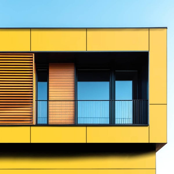 Detailaufnahme eines modernen Gebäudes mit gelber Fassade, Fenster und Balkon