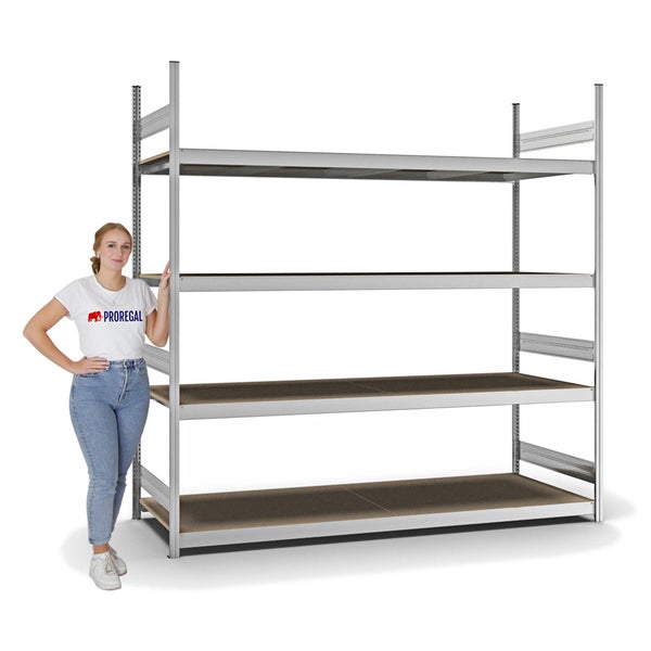 PROREGAL Weitspannregal Stecksystem T-Profil Grundregal HxBxT 250x250x80 cm 4 Ebenen Spanplatten Fachboden Fachlast 350 kg Verzinkt