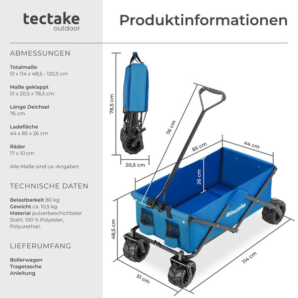 Bollerwagen tectake Heidrun inklusive Tragetasche, Belastbarkeit 80 kg faltbar blau