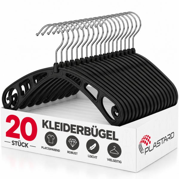 Set mit 20 Kunststoff Kleiderbügeln in einer Verpackung von Plastard mit Metallhaken für eine platzsparende und robuste Kleideraufbewahrung.