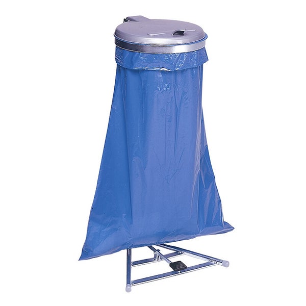 Müllsackständer mit Tretfunktion, Metallrahmen und Kunststoffdeckel.