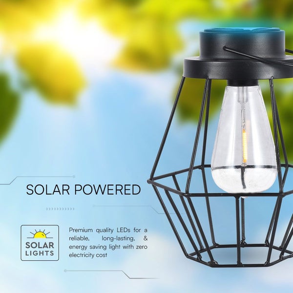 Solarleuchte mit LED-Glühbirne in einem schwarzen Metalldrahtgestell