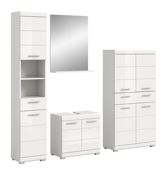Modernes Badezimmermöbel-Set in Weiß mit Hochschrank, Waschbeckenunterschrank, Wandspiegel mit Ablage und einem halbhohen Schrank.