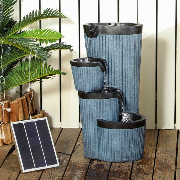 Outsunny Gartenbrunnen, Solar Springbrunnen mit LED-Beleuchtung, 4 stufiger, mit Blumenkasten, für Garten, Balkon, 33 x 30 x 57,5 cm, Kunstharz, Dunkelgrau