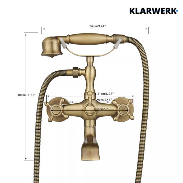 Antike Badewannenarmatur mit Handbrause und Brauseschlauch inklusive Maßangaben, Klarwerk Logo.