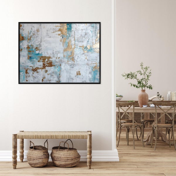 Wohnraum mit abstraktem Gemälde, Bank und Essbereich