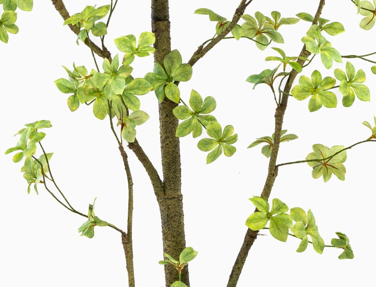 Nahaufnahme eines künstlichen Baumes mit braunem Stamm und grünen, sternförmigen Blättern.