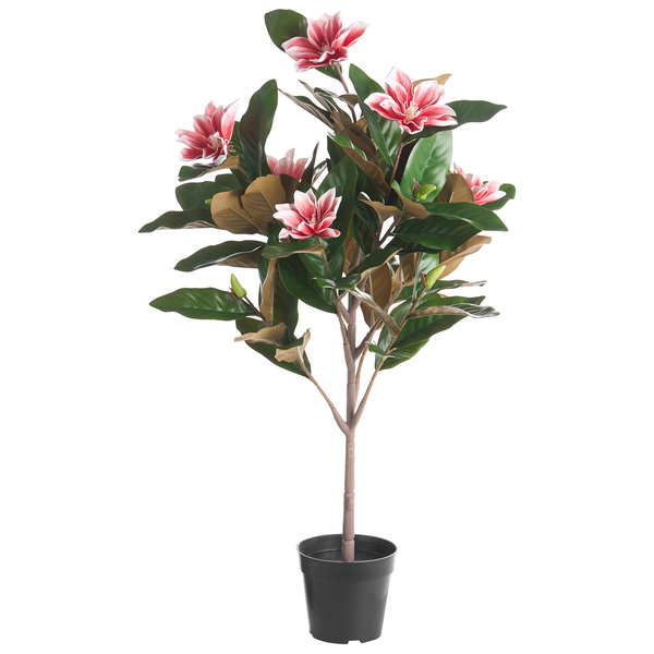 Künstliche Magnolie im schwarzen Kunststofftopf mit großen, grünen Blättern und offenen rosa Blüten.