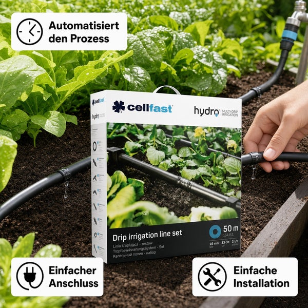 Cellfast Hydro Tropfbewässerungsset mit 50 Meter Schlauch für die automatisierte und einfache Gartenbewässerung.