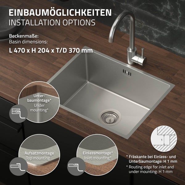 ML-Design Spülbecken Edelstahl 50 x 40 cm, Küchenspüle Rechteckig, 1 Becken, Einbauspüle Unterbauspüle, Edelstahlspüle mit Ab- und Überlaufgarnitur, Einzelbecken mit Siphon, Waschbecken Küche Spüle