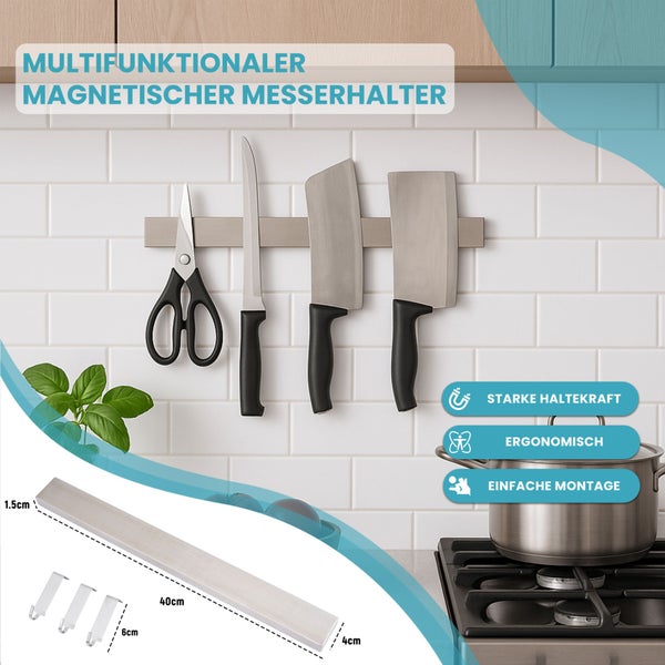 CHEFGASTRO Magnetleiste magnetische Messerleiste Messerhalter aus Stahl | HxBxT 4x40x1,6cm | Inkl. 3 silberne Haken | Silber | extra stark magnetischer Messerstreifen zum Kleben oder Schrauben