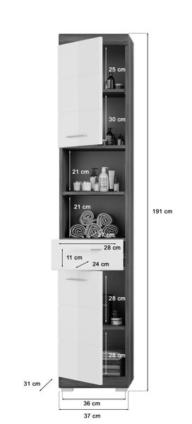 Badezimmer-Hochschrank mit zwei Türen, einer Schublade und offenen Ablagefächern mit Maßangaben. Höhe 191 Zentimeter, Breite 37 Zentimeter.
