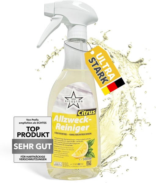 Ricostar Allzweckreiniger Citrus 500 ml – Universalreiniger für streifenfreien Glanz & hygienische Sauberkeit – Reinigungsspray für die Oberflächenreinigung – Effektiv gegen Verschmutzungen