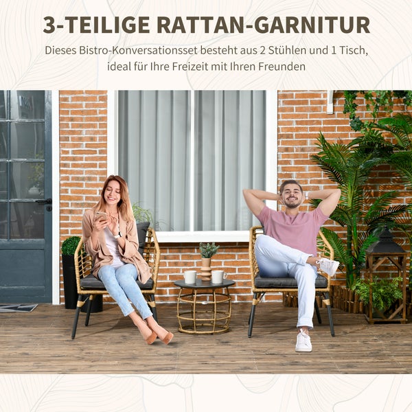 Outsunny Rattan Gartenmöbel-Set, 3-TLG. Sitzgruppe, inkl. Couchtisch und 2 Stühle, Bistro-Set mit Kissen, Balkonmöbel für Terrasse, Balkon, Stahl, Sand+Dunkelgrau