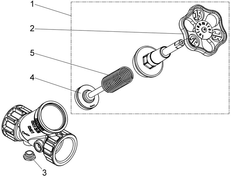 Explosionszeichnung eines Ersatzteilsets für frostfreie Außenarmaturen mit nummeriertem Handrad, Feder, Spindel und Ventilgehäuse.