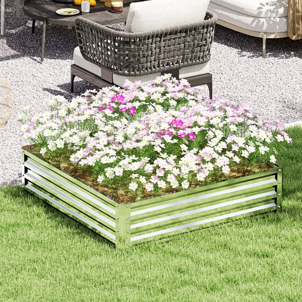 Outsunny Hochbeet, Blumenkasten, Gemüsebeet, Pflanzkasten, Kräuterbeet für Garten, Terrasse, Balkon, Stahl, Silber, 120 x 120 x 30 cm