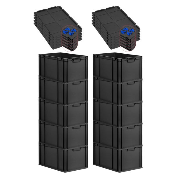 PROREGAL SparSet 10x Eurobox NextGen Grip mit Auflagedeckel inkl. 4 blauen Schiebeschnappverschlüssen, HxBxT 32x40x60cm, 65 Liter, Schwarz, Griffe geschlossen, Verstärkter Boden, Eurobehälter, Transportbox, Transportbehälter, Stapelbehälter