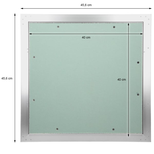 Revisionsklappe aus grüner Gipskartonplatte mit Aluminiumrahmen, Innenmaß 40 mal 40 Zentimeter, Außenmaß 45,6 mal 45,6 Zentimeter.