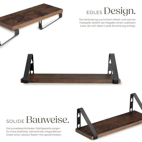 3er Set Wandregal tectake Cowell Höhe 12 cm Industrial Style Industrial Holz dunkel, rustikal