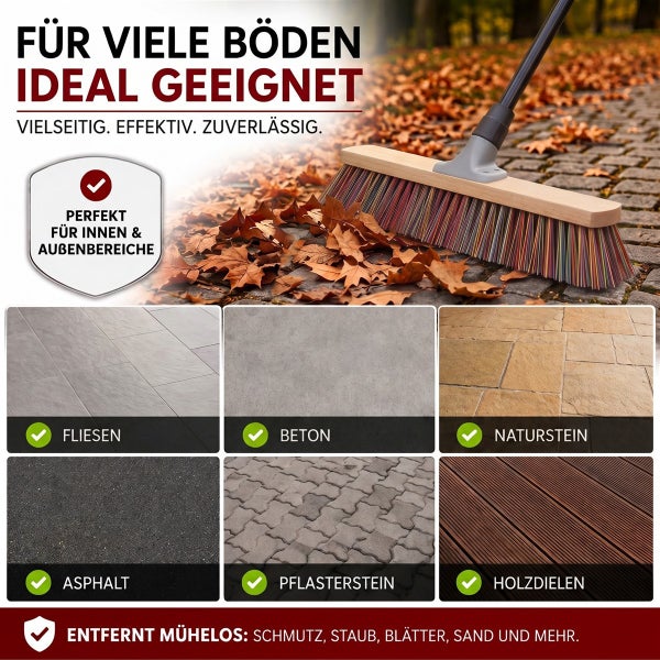 Straßenbesen mit Holzkorpus und Kunststoffborsten zum Kehren von Fliesen, Beton, Naturstein, Asphalt, Pflasterstein und Holzdielen im Außenbereich.