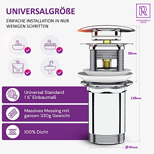 Ablaufgarnitur Waschbecken POP UP mit Überlauf + Design Siphon Waschbecken Extra Starke 304er Edelstahl Wände mit 750g - Geruchsverschluss inkl. Dichtungen