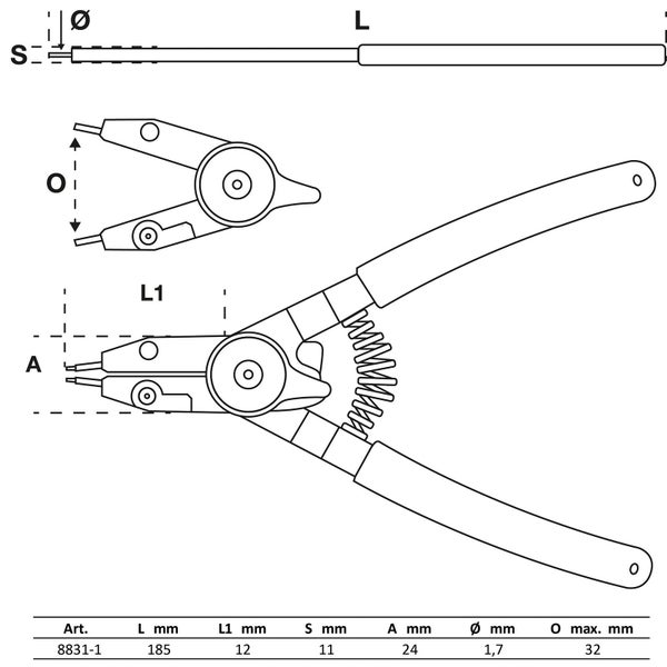 BGS Sprengringzange für Außen-/Innensprengringe auswechselbare Spitzen 180 mm - 8831-1