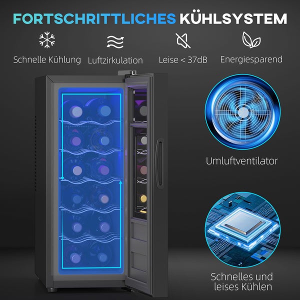Getränkekühlschrank mit Kühlsystem, Umluftventilator für schnelle Kühlung, Luftzirkulation, leise weniger als 37 Dezibel und energiesparend.
