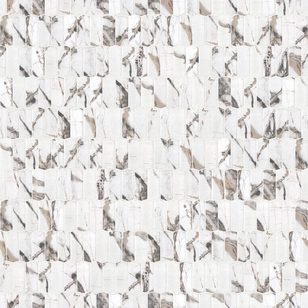 Mosaikfliese in Marmoroptik mit länglicher Sechseckform, weiß mit grauen und braunen Adern.