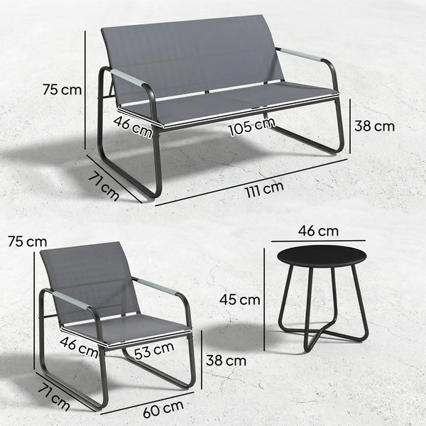 Gartenmöbel-Set bestehend aus Gartenbank, Gartensessel und rundem Tisch mit Maßangaben in Zentimeter.