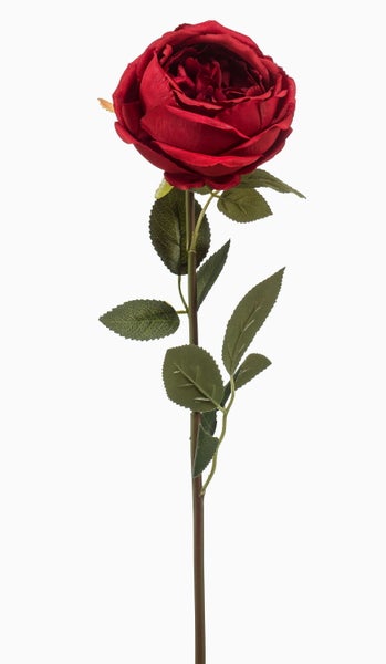 Künstliche Rose mit dunkelroter Blüte, grünem Stiel und Blättern.