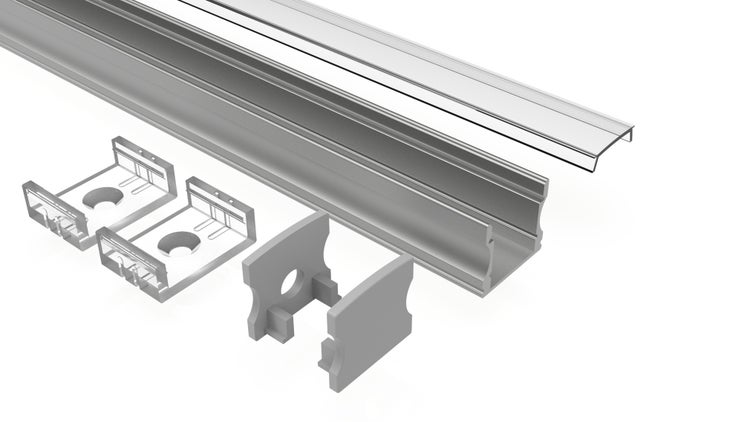 TIVENDIS Led Alu Profil 2 m AH Komplett Set für Strip / Streifen bis 12 mm breit | Abdeckung transparent klar, Endkappen, Befestigungclips | U-Form Aufputz Deckenleiste Wandprofil eloxiert