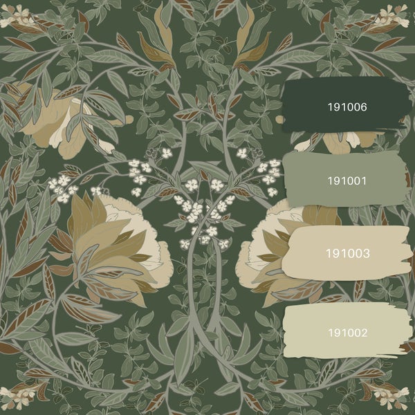 Tapete mit floralem Muster und Farbfeldern