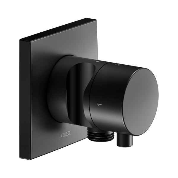 KEUCO Wandanschlussbogen mit integriertem Brausehalter und Thermostatgriff, quadratische Abdeckplatte, schwarz.