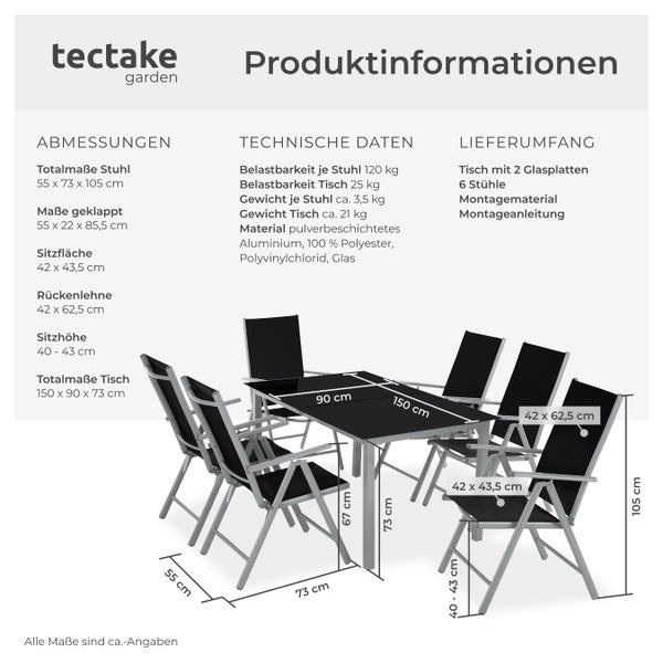 Sitzgruppe tectake Ercolano Tisch mit Sicherheitsglasplatten und Ausgleichsschrauben mit Aluminiumgestell, für 6 Personen silber