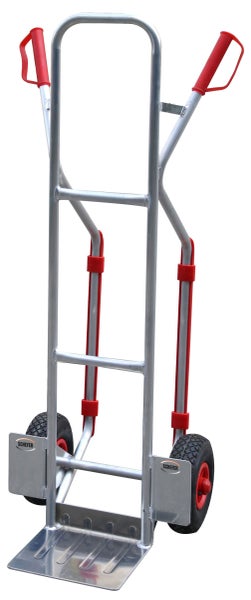 Sackkarre aus Aluminium mit roten Griffen