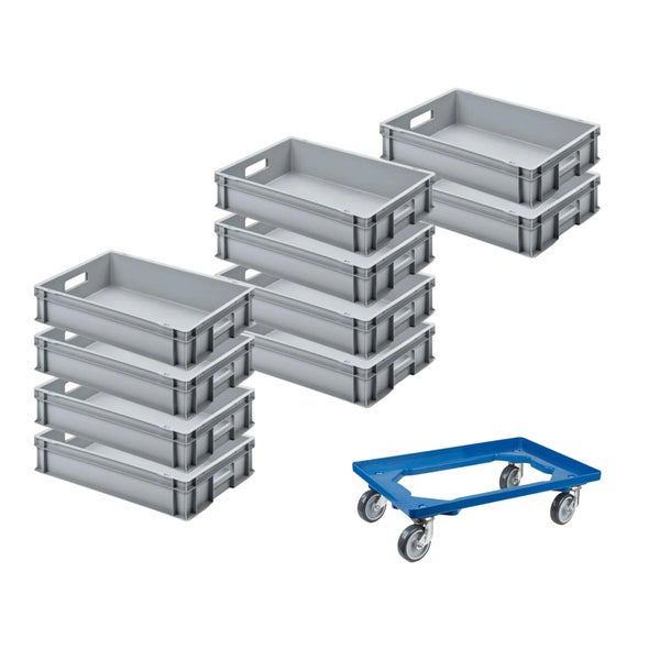 PROREGAL SparSet 10x Eurobehälter mit Offenem Griff und 1 x Transportroller Blau HxBxT 12 x 40 x 60 cm 21 Liter Eurobox Transportbox