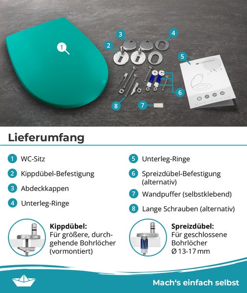 Lieferumfang eines WC Sitzes mit Kippdübel und Spreizdübel Befestigung sowie Montageanleitung für die Installation auf einer Toilette.
