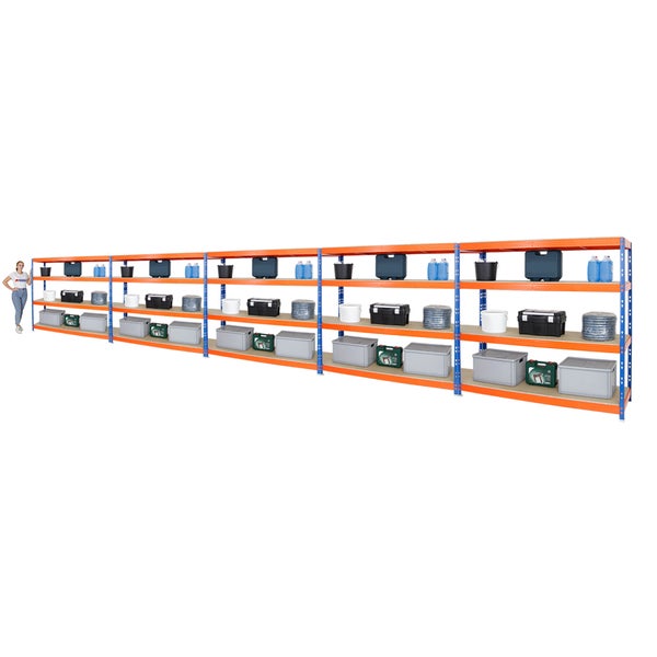 PROREGAL Mega Deal 5x Profi Schwerlastregal Rhino HxBxT 180 x 200 x 60 cm 4 Spanplatten-Ebenen 8mm Fachlast 500 kg Blau-Orange