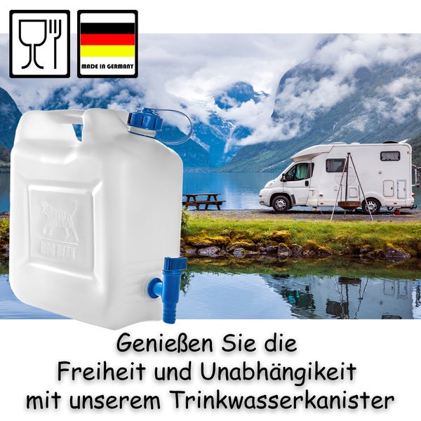 Trinkwasserkanister aus Kunststoff mit Hahn, geeignet für Lebensmittel und hergestellt in Deutschland