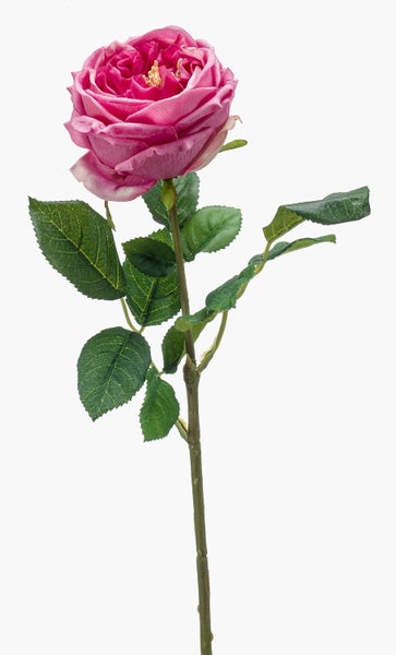 Künstliche rosa Rose mit vielen Blütenblättern, gelben Staubblättern und grünen Blättern.